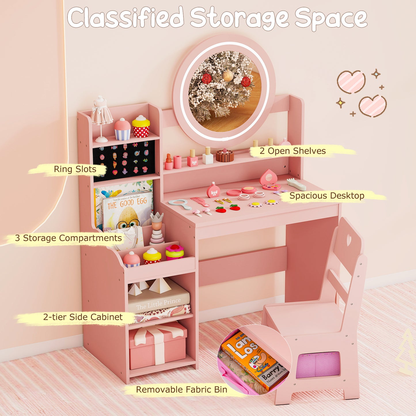 Pink Kids Vanity Desk | Built-in Lights & Storage Shelves