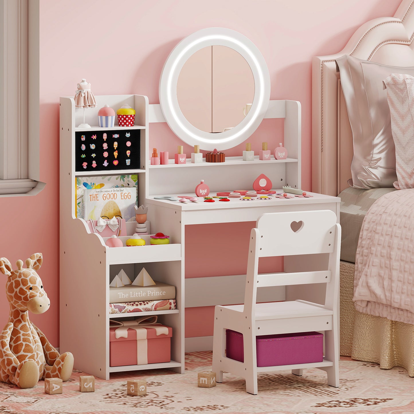 Kids Vanity Desk with Open Storage Shelves and Rings Slots-White