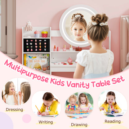 Kids Vanity Desk | Lighted Mirror Storage Shelves Chair White