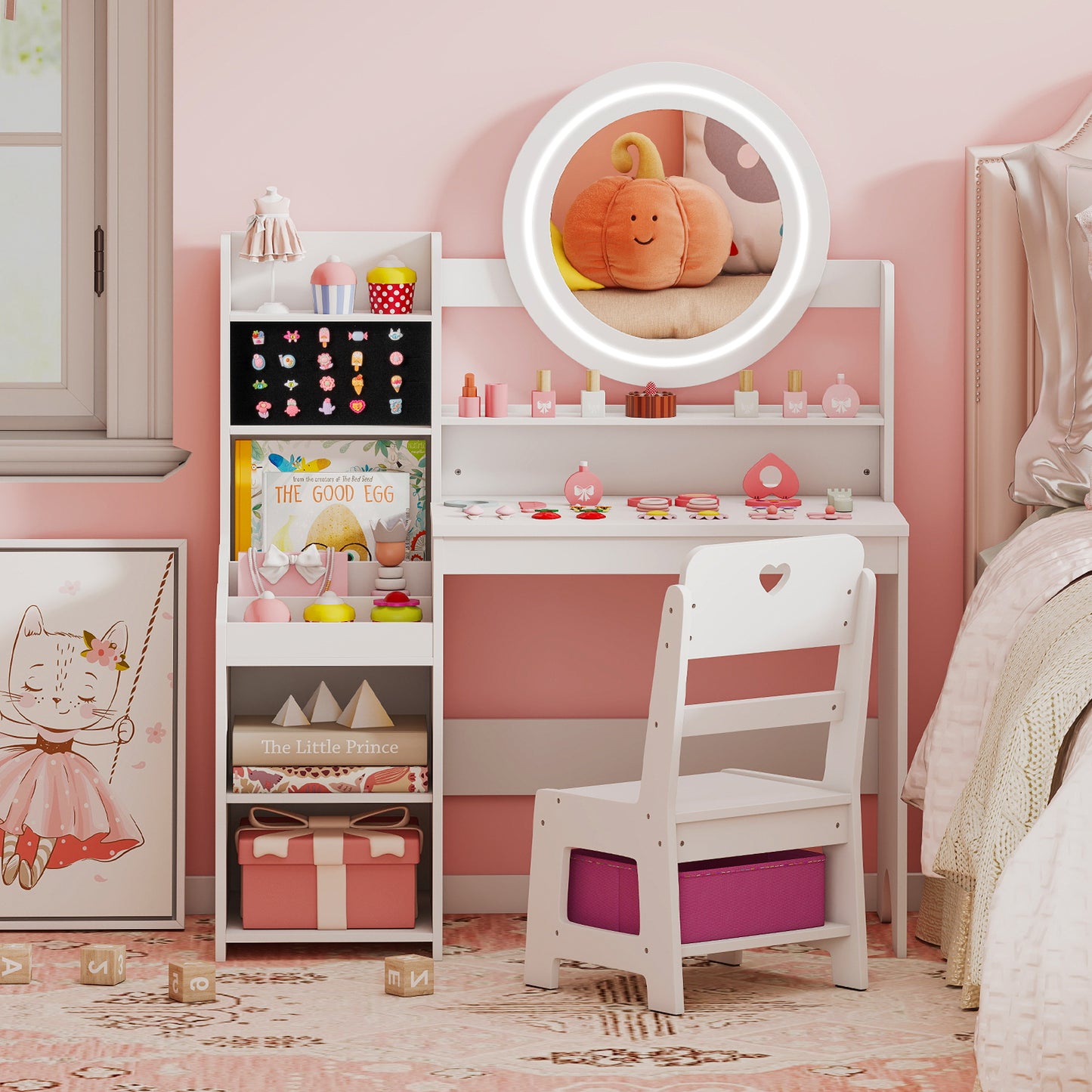 Kids Vanity Desk | Lighted Mirror Storage Shelves Chair White