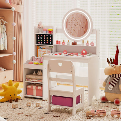 Kids Vanity Desk | Lighted Mirror Storage Shelves Chair White