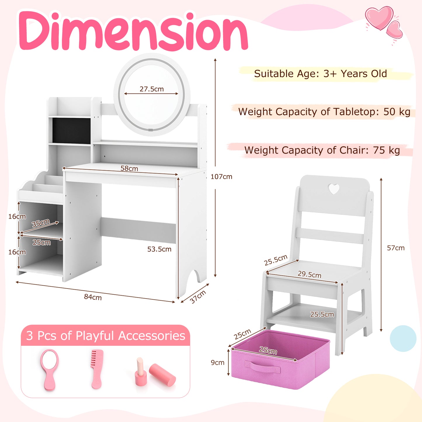 Kids Vanity Desk | Lighted Mirror Storage Shelves Chair White