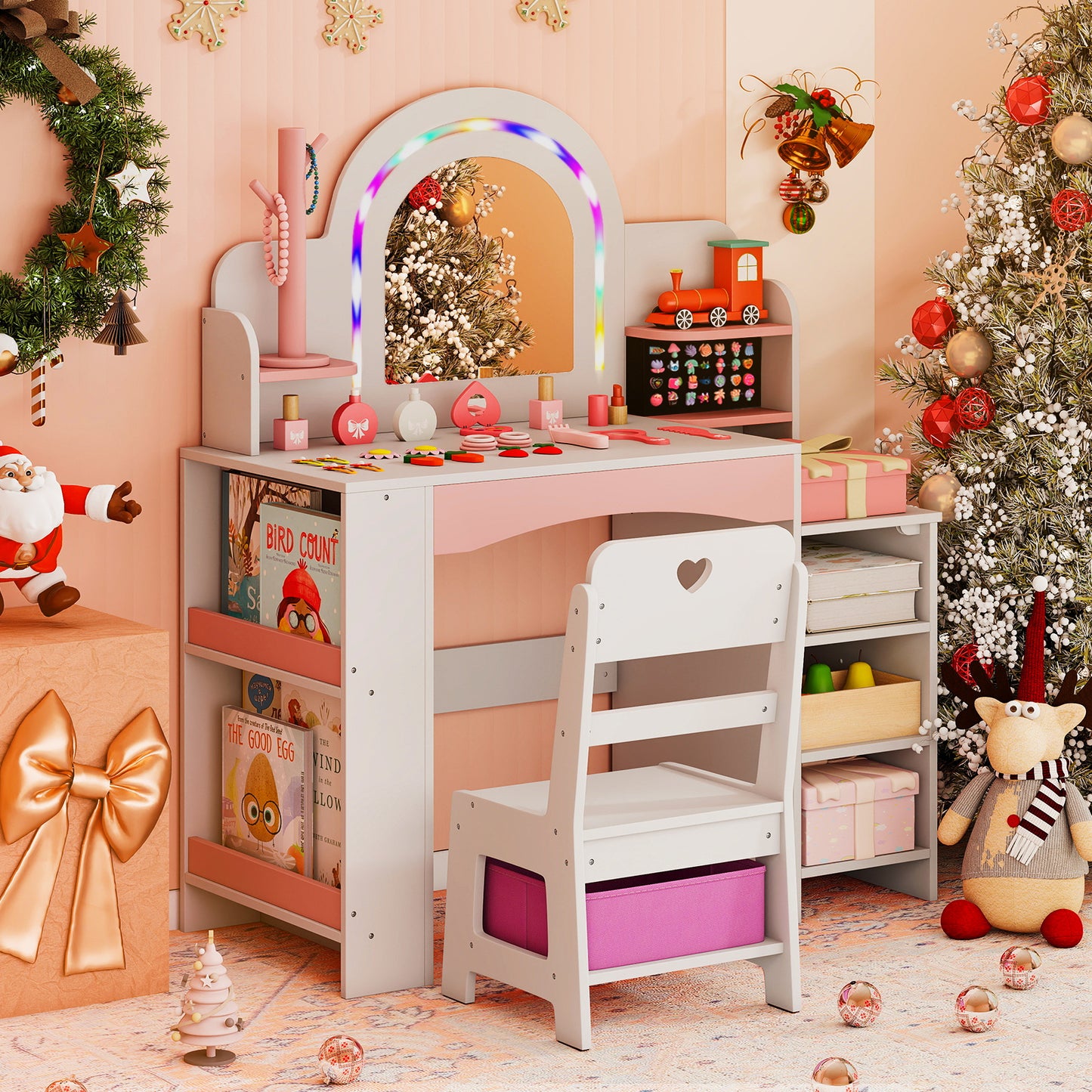 Princess Pretend Play Makeup Table with Open Storage Shelves and Jewelry Rack-White