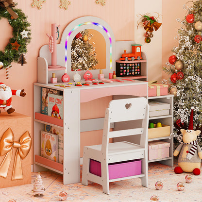 Princess Pretend Play Makeup Table with Open Storage Shelves and Jewelry Rack-White