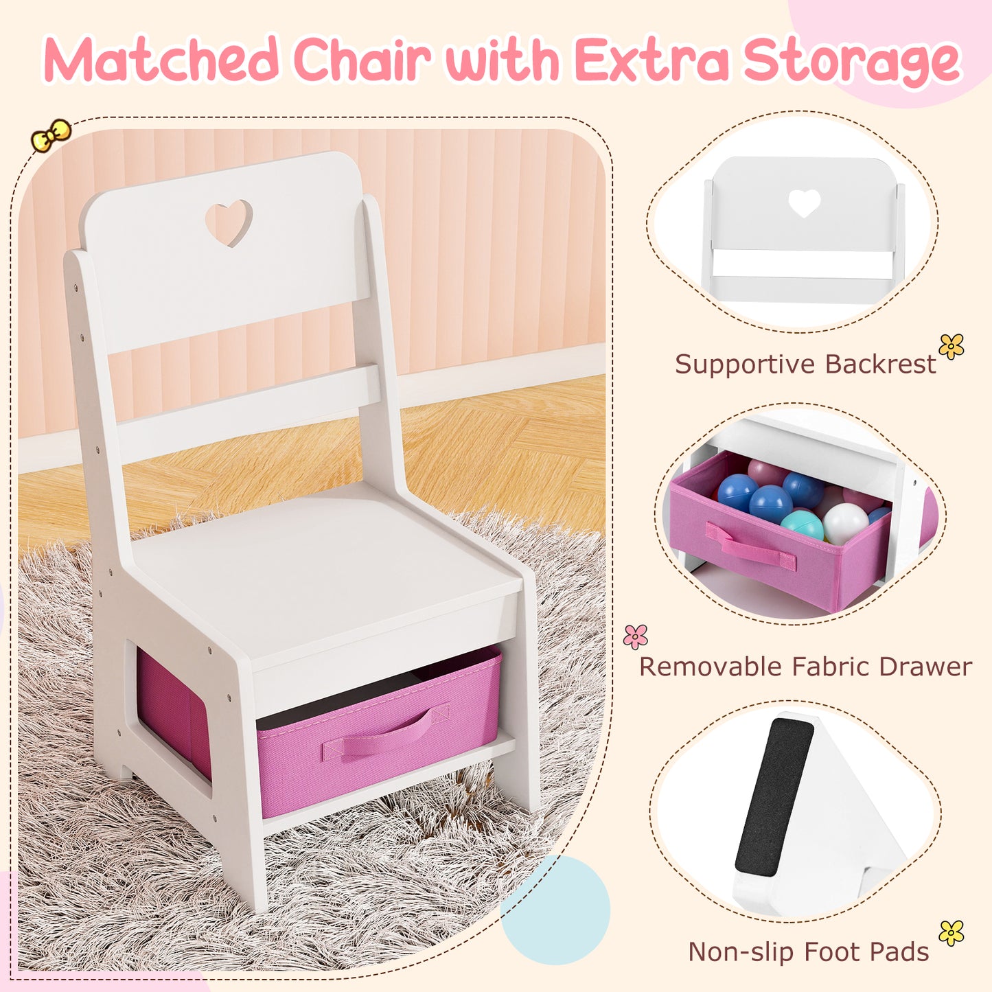 Princess Makeup Table LED Lights Storage Shelves Chair White