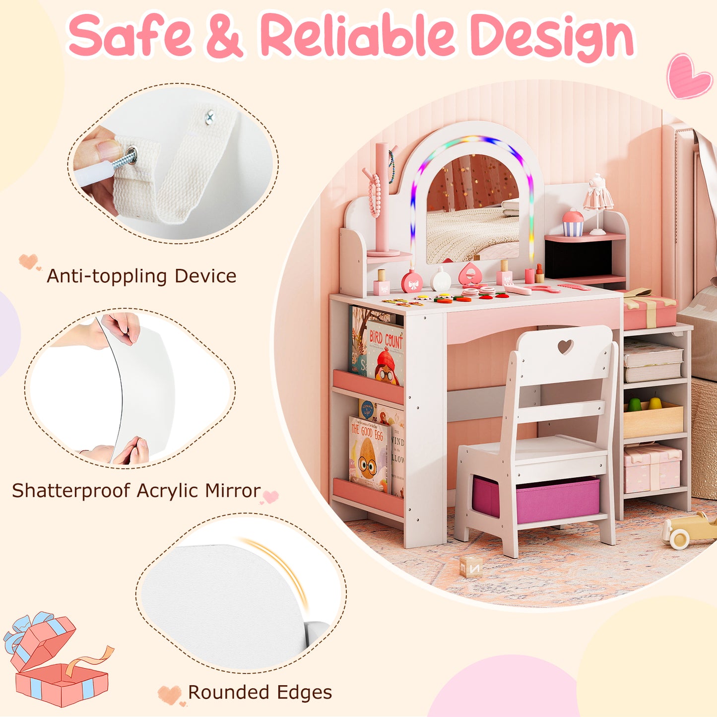 Princess Makeup Table LED Lights Storage Shelves Chair White