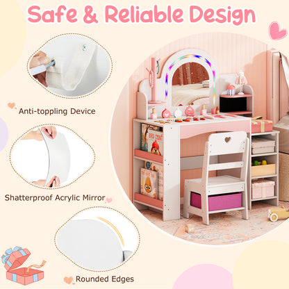 Princess Makeup Table LED Lights Storage Shelves Chair White