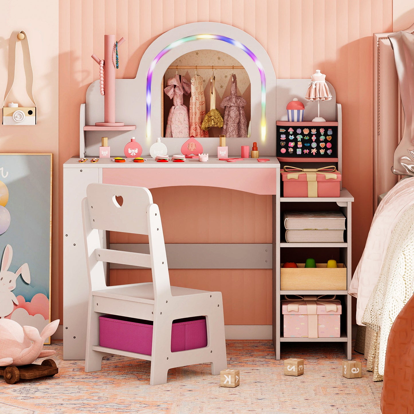 Princess Makeup Table LED Lights Storage Shelves Chair White