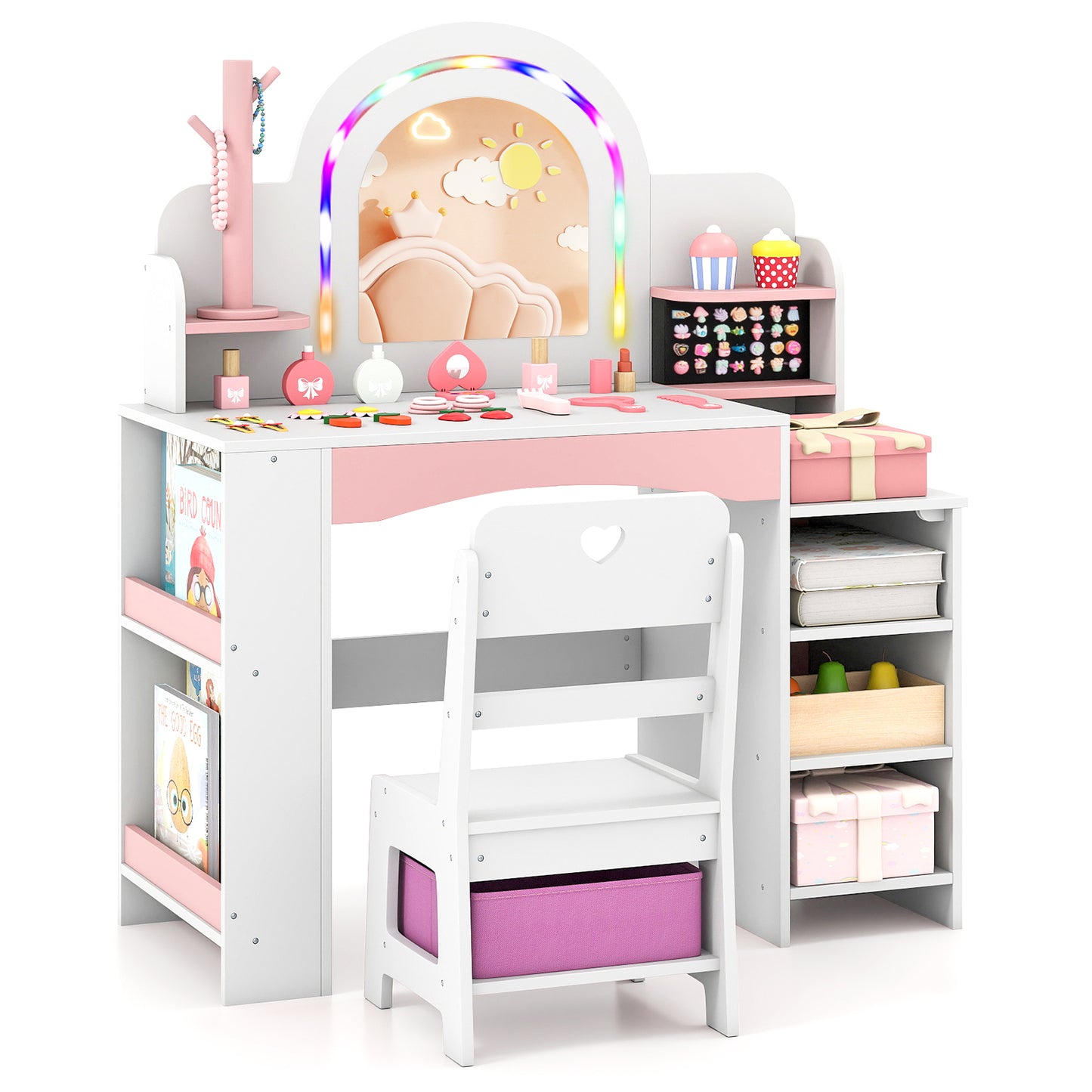 Princess Makeup Table LED Lights Storage Shelves Chair White