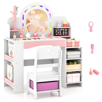 Princess Makeup Table LED Lights Storage Shelves Chair White