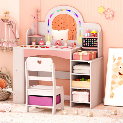 Princess Makeup Table LED Lights Storage Shelves Chair White