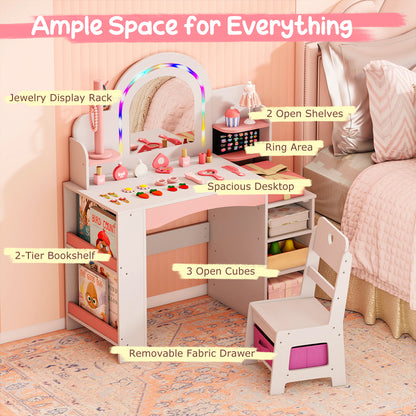 Princess Makeup Table LED Lights Storage Shelves Chair White