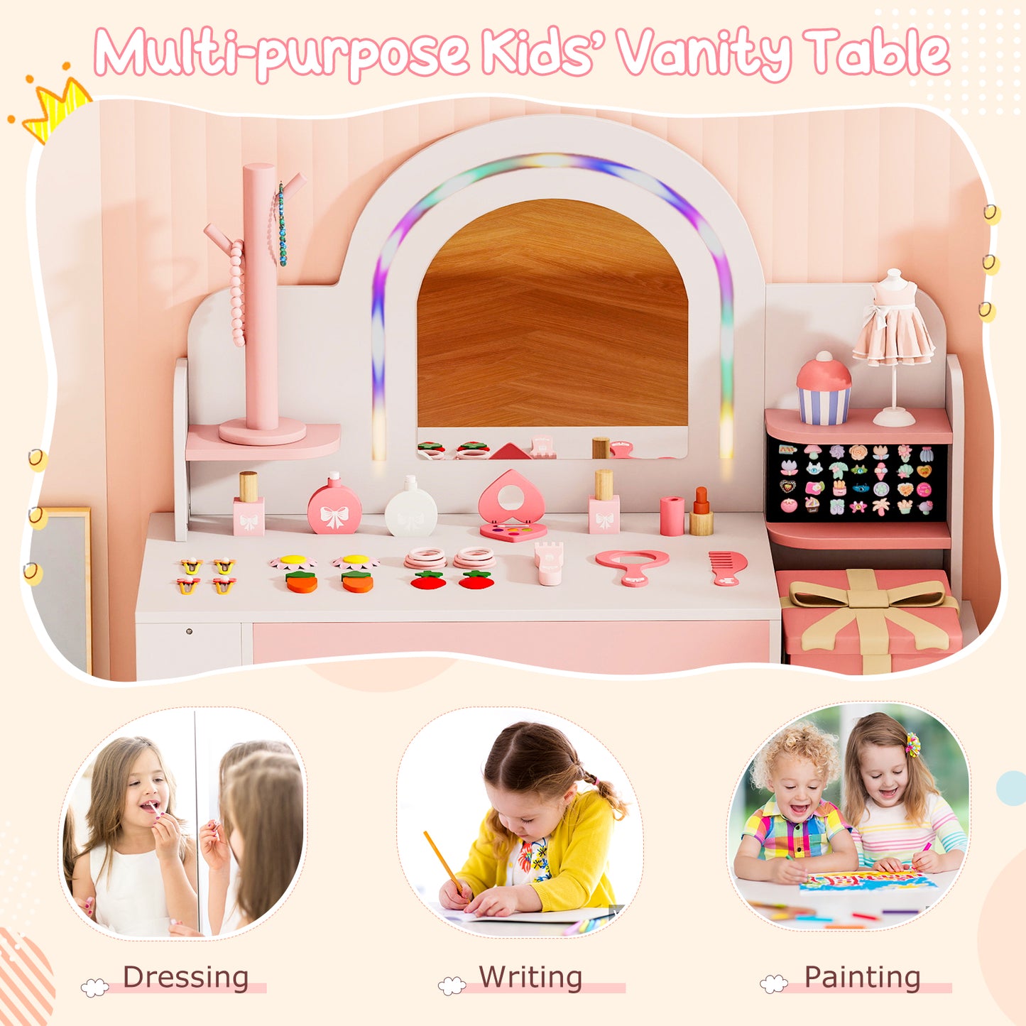 Princess Makeup Table LED Lights Storage Shelves Chair White