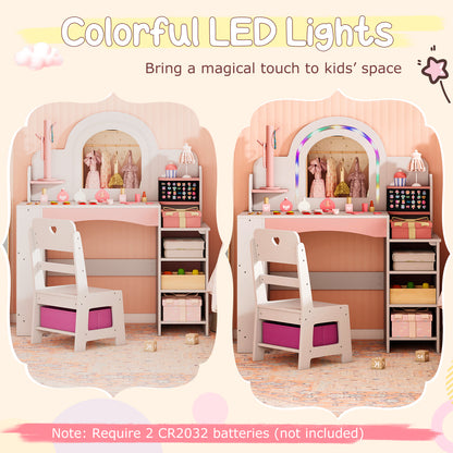 Princess Makeup Table LED Lights Storage Shelves Chair White