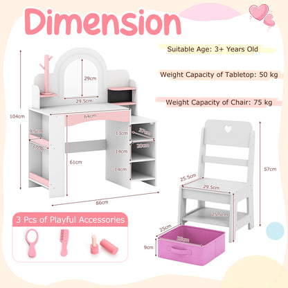 Princess Makeup Table LED Lights Storage Shelves Chair White