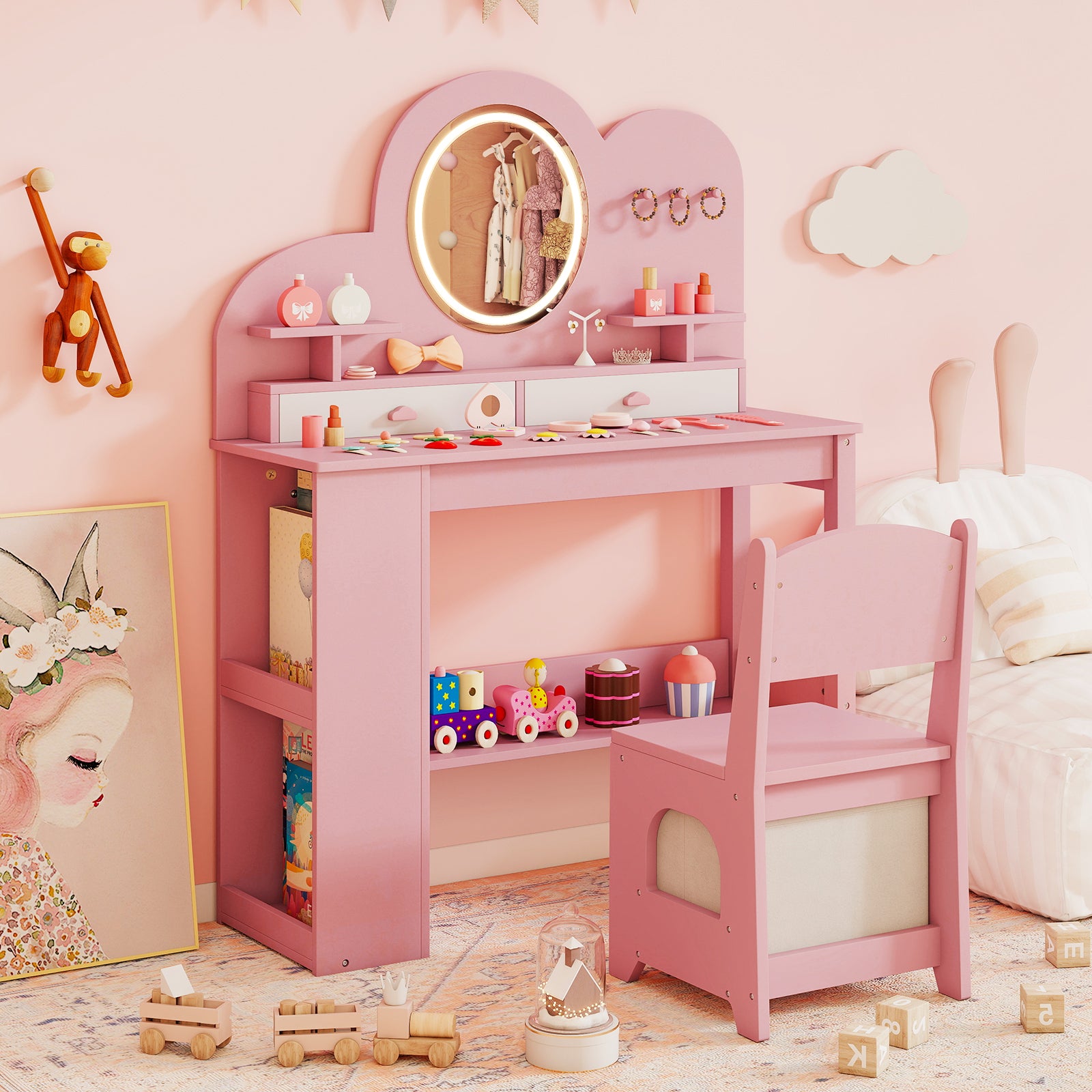 Princess Vanity Table and Chair Set with 2 Drawers and 2-Tier Bookshelf-Pink