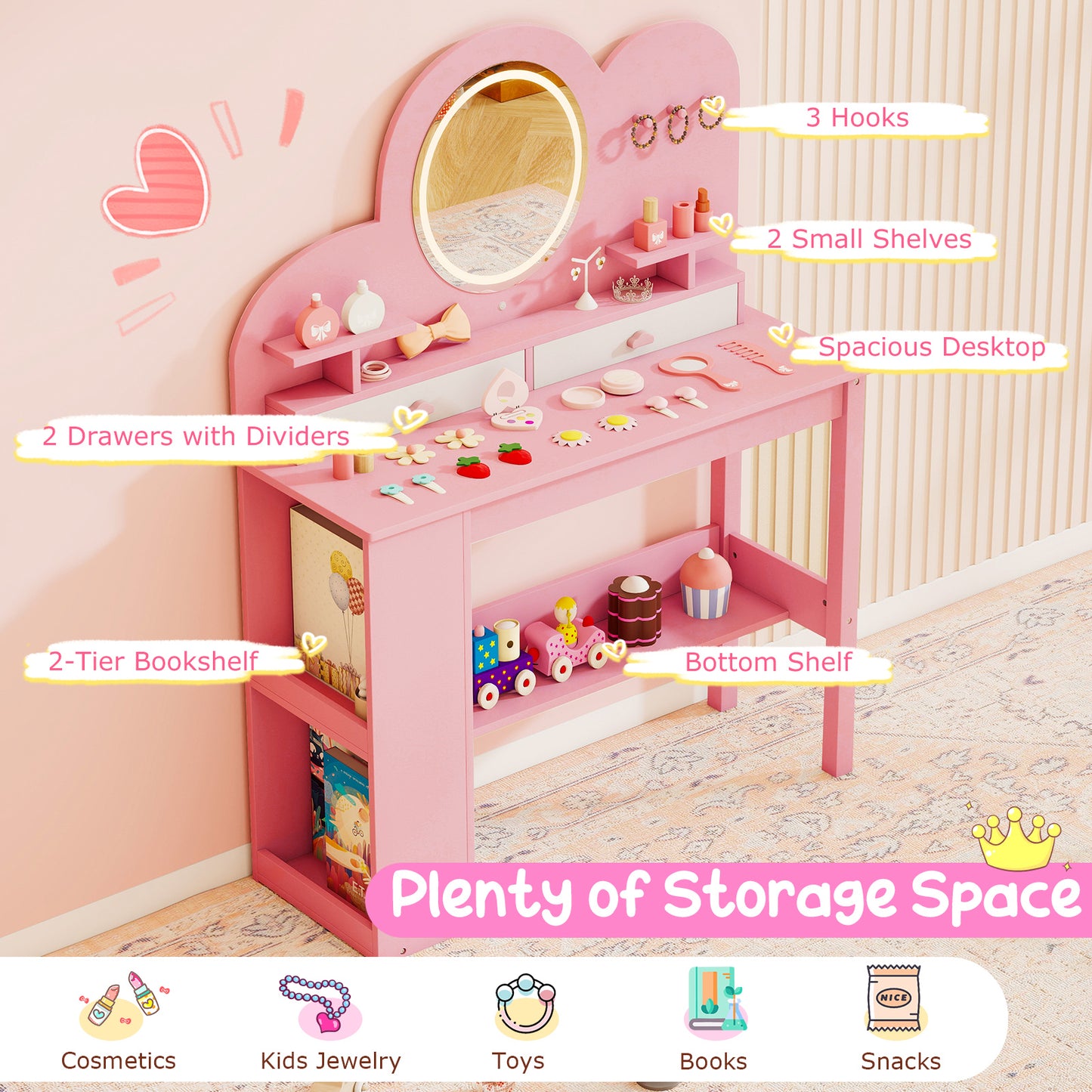 Pink Princess Vanity Table | Chair Set with Lighted Mirror