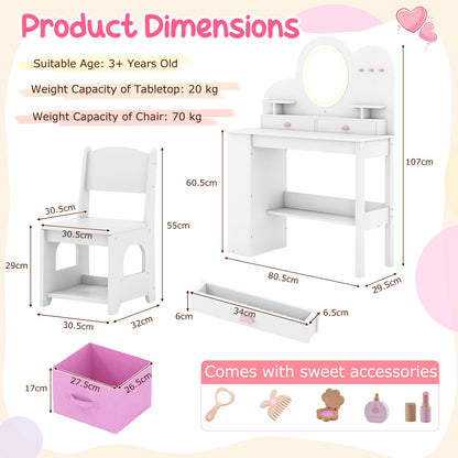 White Princess Vanity Table | 3-Color Light Mirror | 2 Drawers