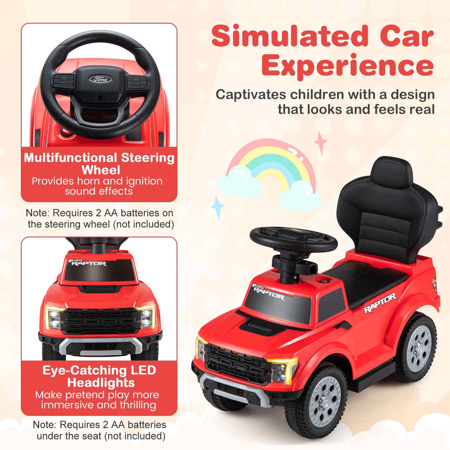 Red Ford 3-In-1 Toddler Push Car | LED Lights & Ignition Sound