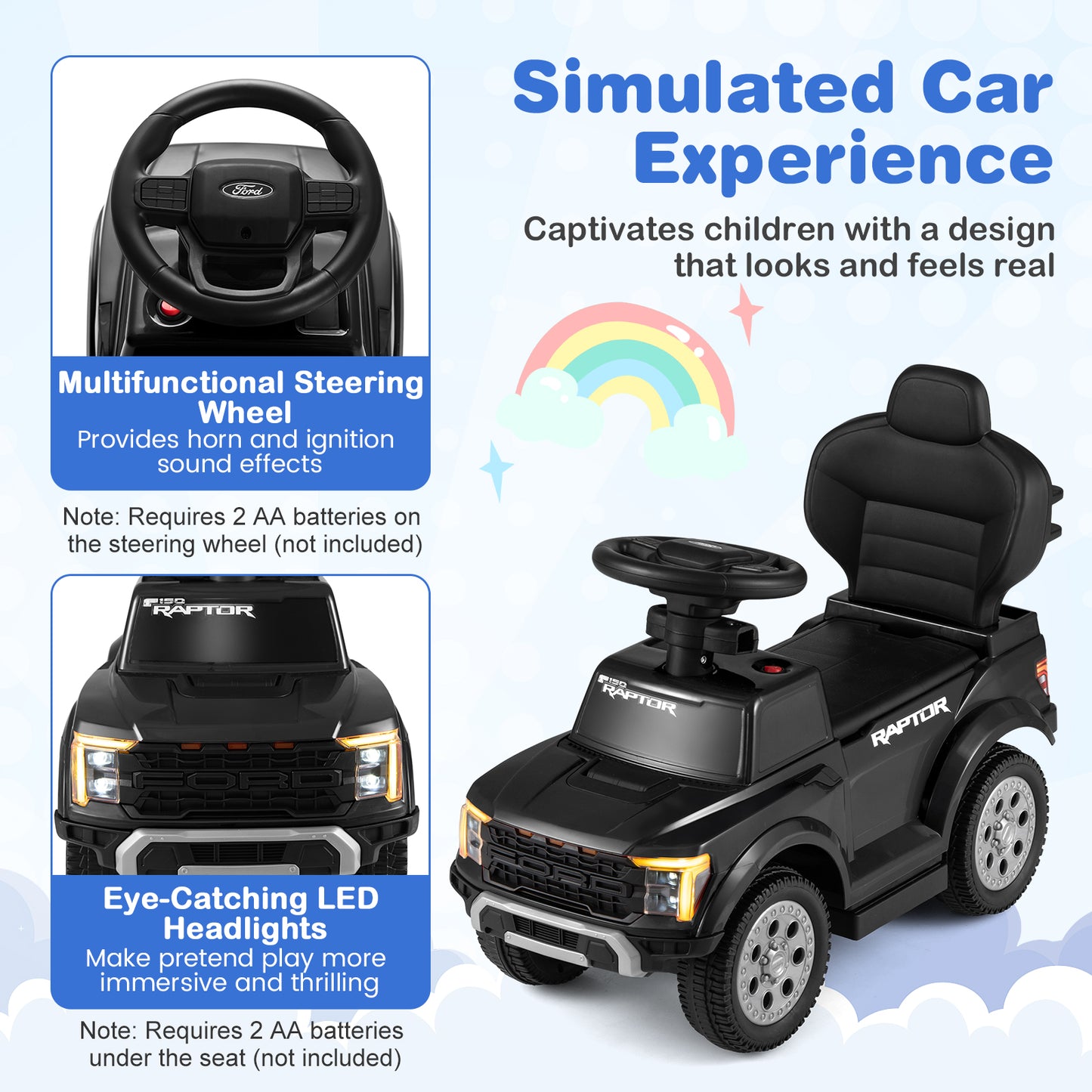 Black Ford 3 In 1 Toddler Push Car | LED Lights & Sounds