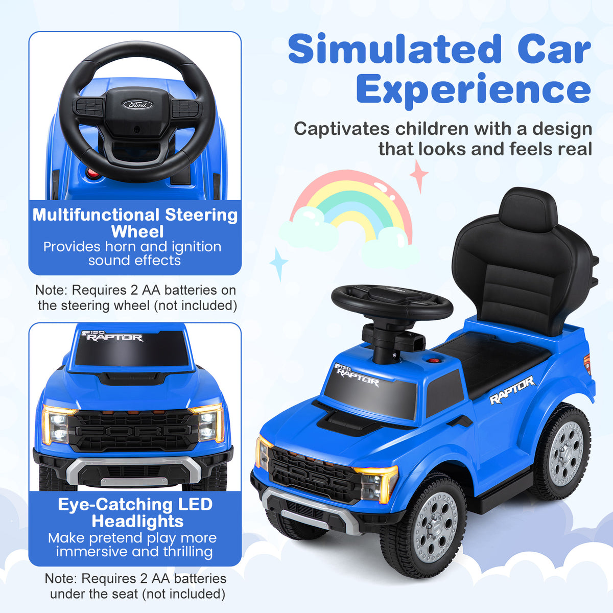 Blue Ford 3 In 1 Toddler Push Car | LED Lights & Sounds