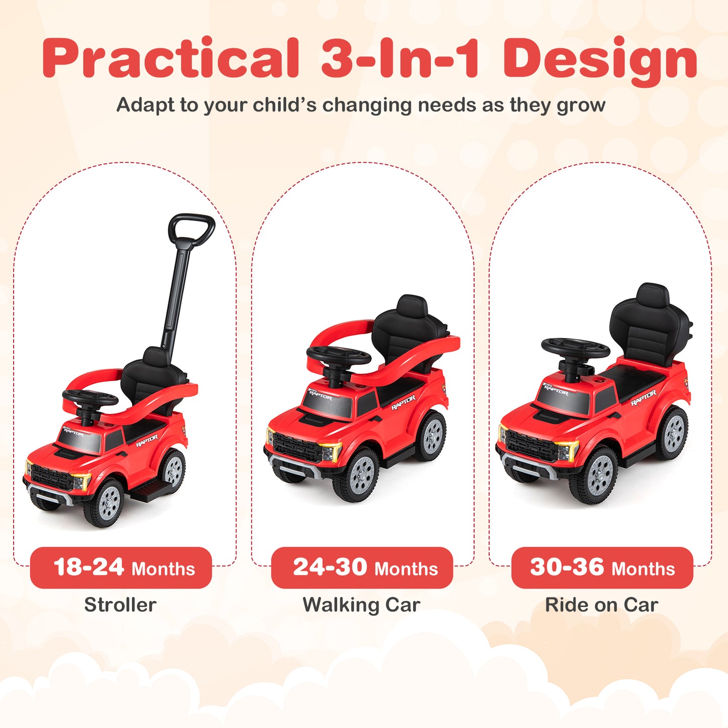 Red Ford 3-In-1 Toddler Push Car | LED Lights & Ignition Sound
