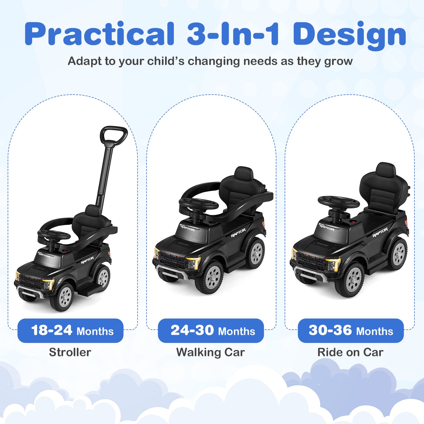 Black Ford 3 In 1 Toddler Push Car | LED Lights & Sounds