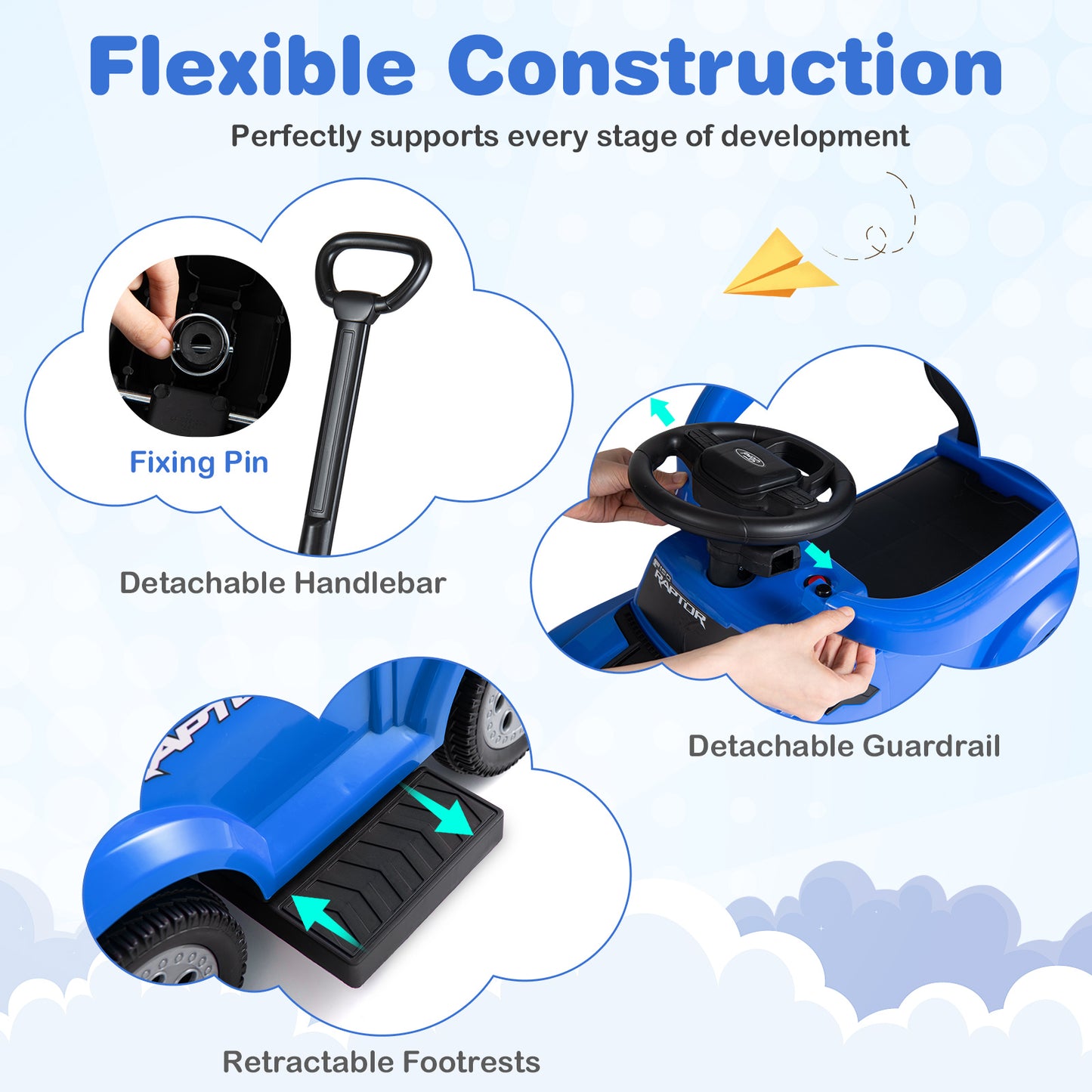 Blue Ford 3 In 1 Toddler Push Car | LED Lights & Sounds