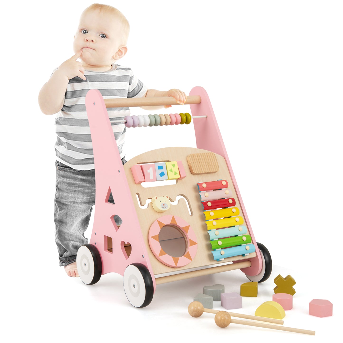 Pink Wooden Baby Walker | 7-in-1 Learning Activities & Toys
