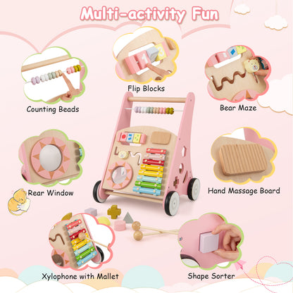 Pink Wooden Baby Walker | 7-in-1 Learning Activities & Toys