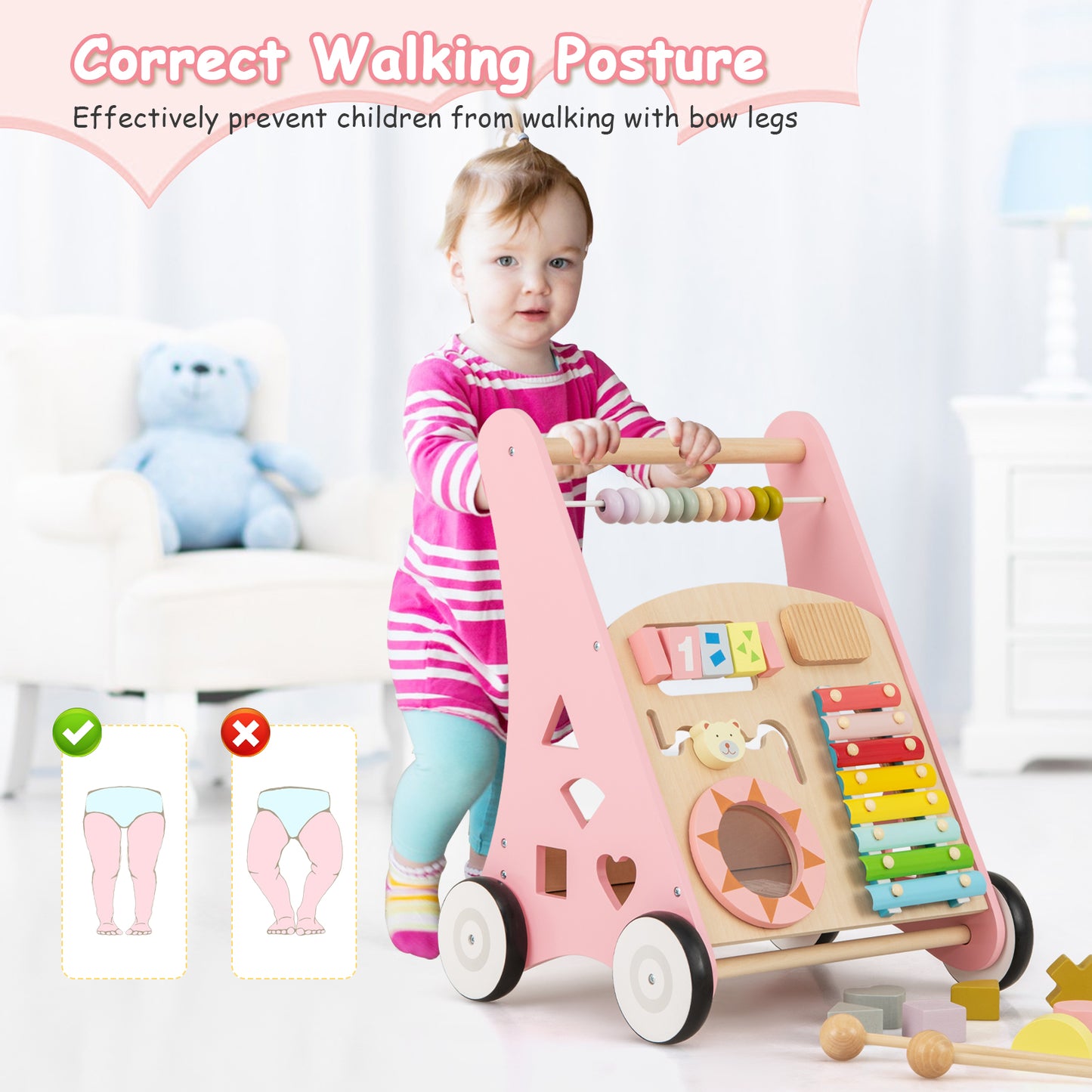 Pink Wooden Baby Walker | 7-in-1 Learning Activities & Toys