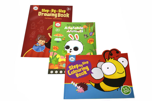 3 pack kids activity books for drawing, coloring, and dot to dot fun at home.