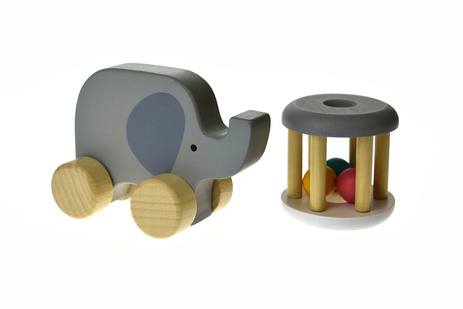 Kaper Kidz Wooden Elephant Push Toy & Rattle Set in Grey for interactive playtime.