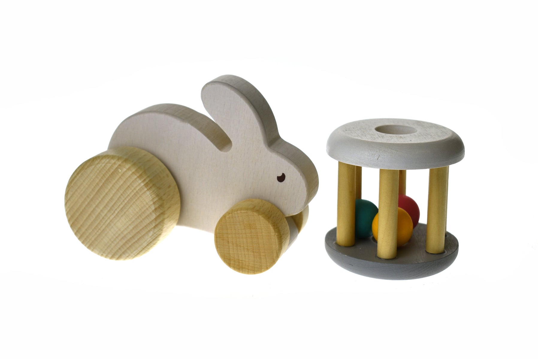 Kaper Kidz Wooden Rabbit Rattle Set stimulates sensory development for toddlers.