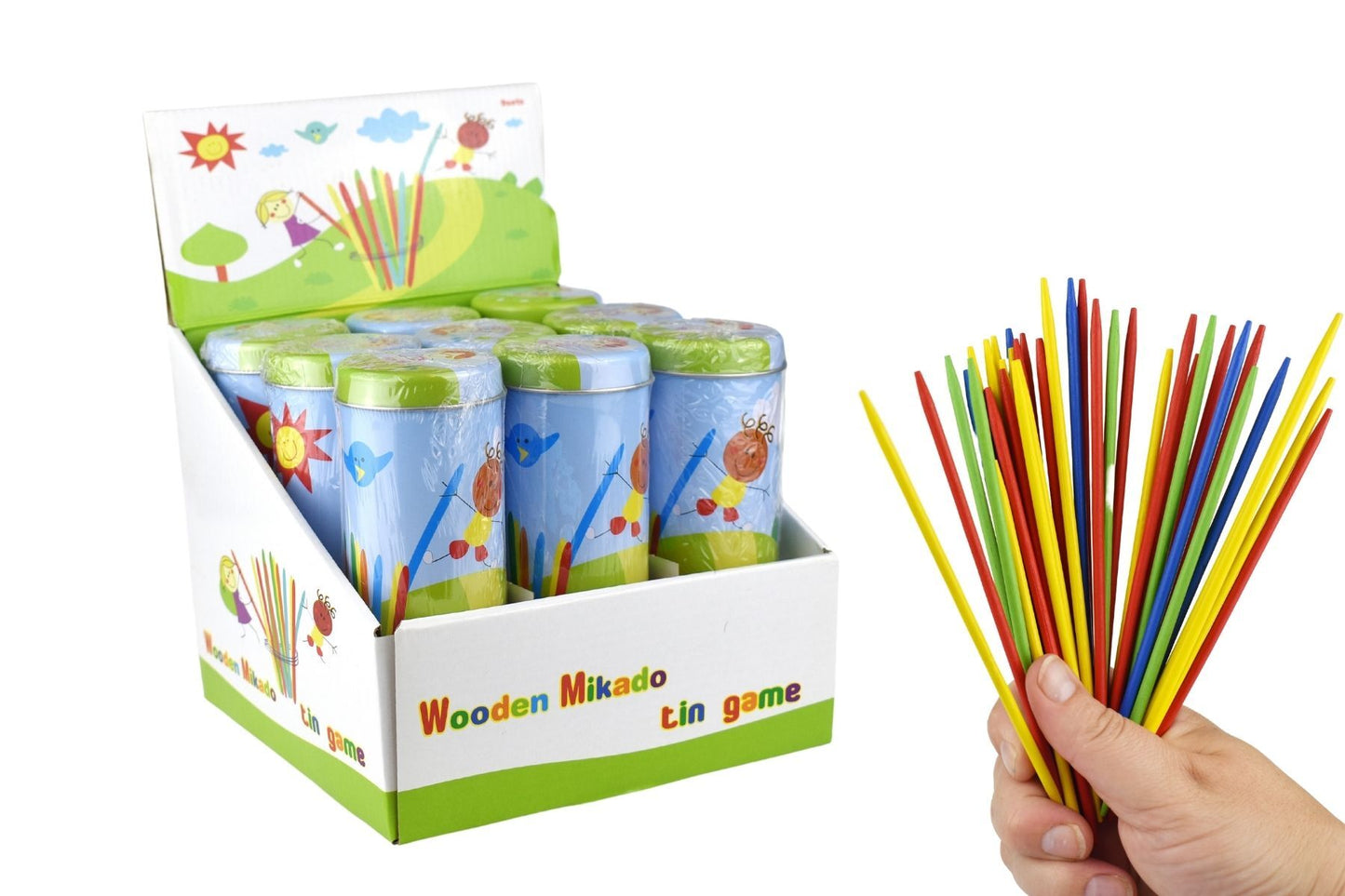 Portable Pick Up Sticks game in tin container offers classic family fun with wooden sticks.