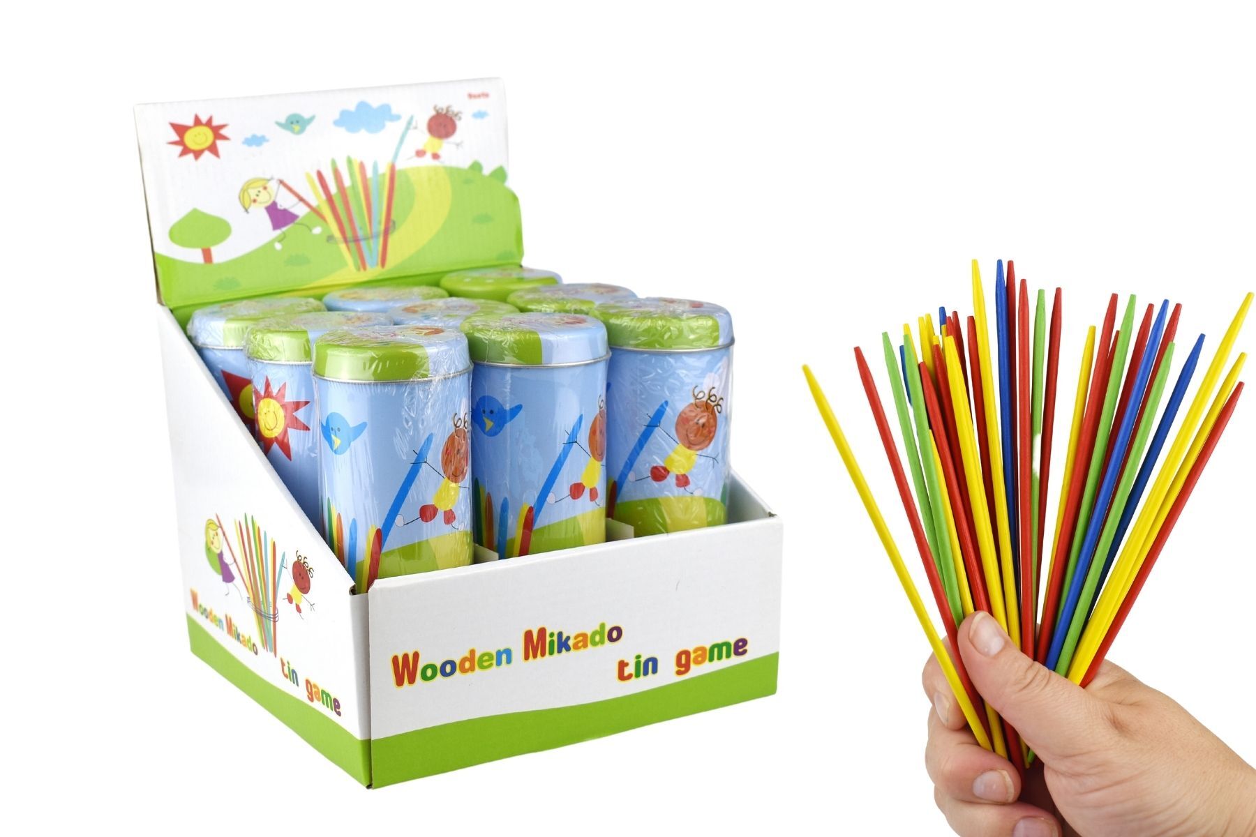 Portable Pick Up Sticks game in tin container offers classic family fun with wooden sticks.