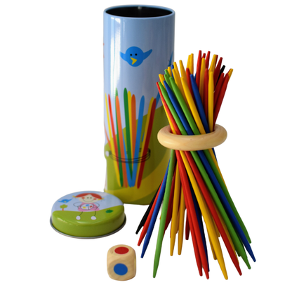 Portable Pick Up Sticks game in tin container offers classic skill-testing fun for players on the go.