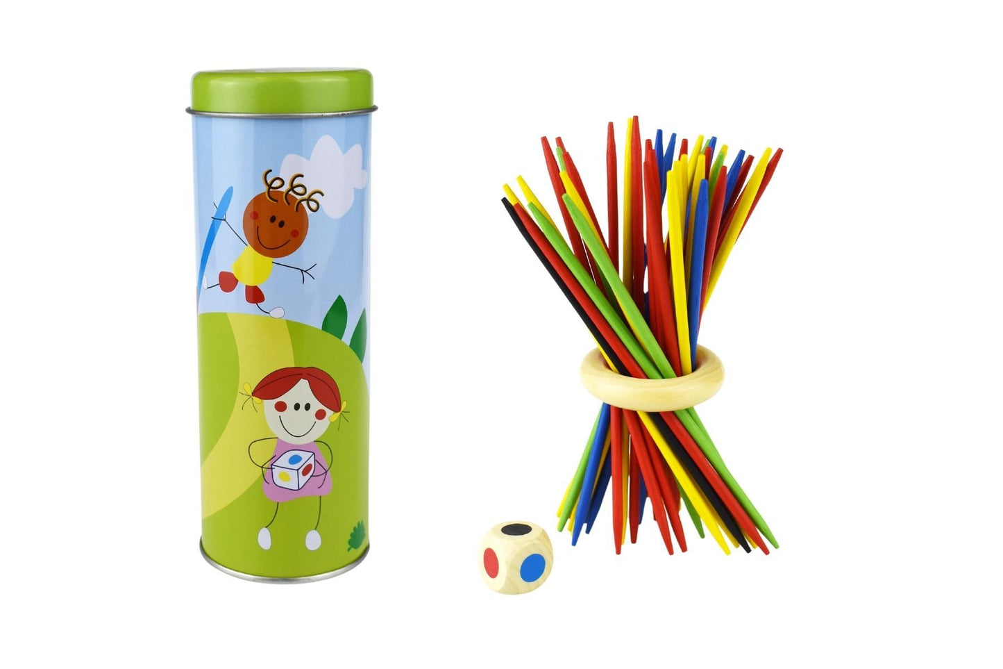 Portable Pick Up Sticks game in tin container offers classic skill-based entertainment for family game nights.