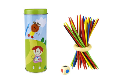 Portable Pick Up Sticks game in tin container offers classic skill-based entertainment for family game nights.