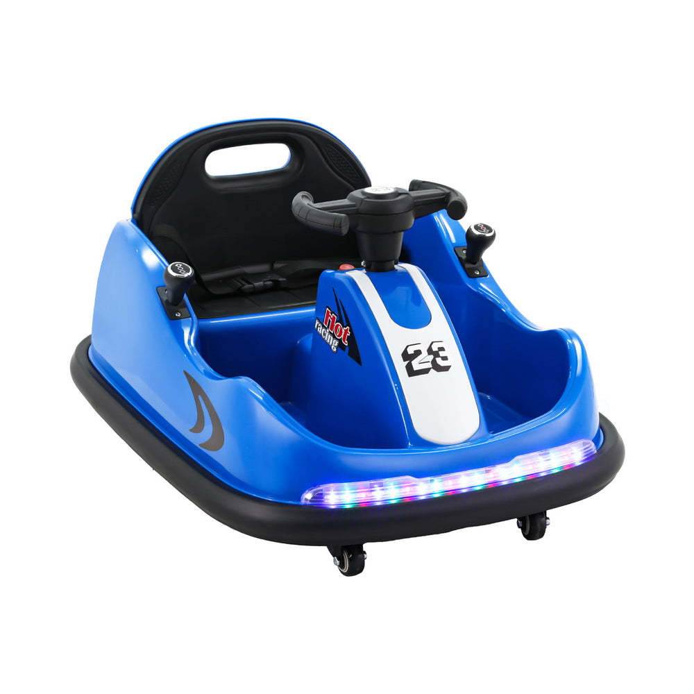 Blue electric bumper car for kids with remote control, perfect for fun home playtime.