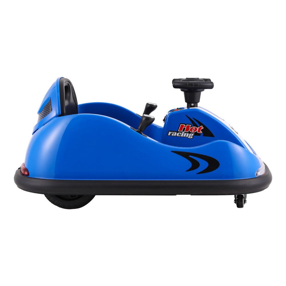 Blue electric bumper car for kids with remote control, perfect for indoor playtime.