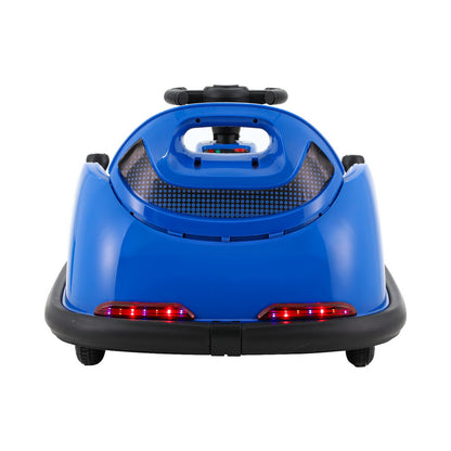 Blue electric bumper car for kids with remote control, perfect for safe home fun.