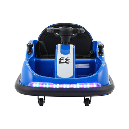 Blue electric bumper car for kids with remote control for fun home playtime.