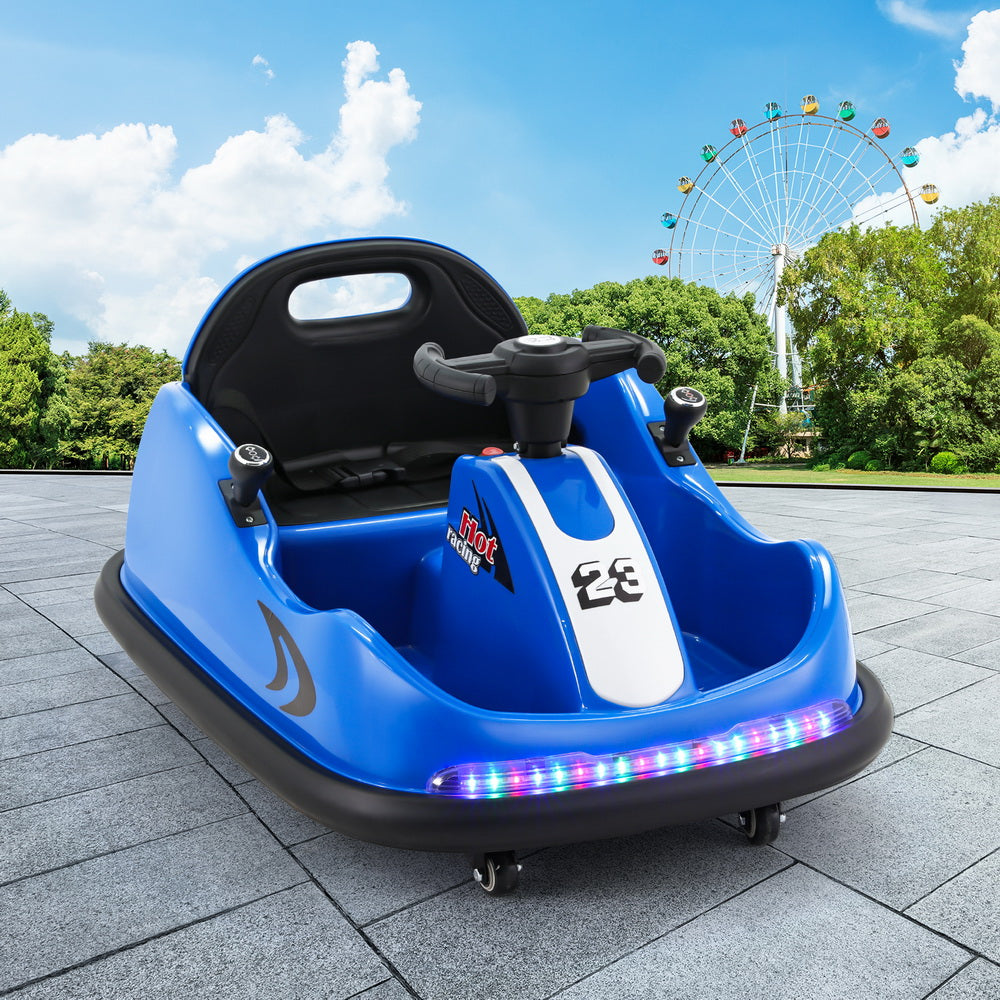 Blue electric bumper car for kids with remote control, perfect for safe home play.