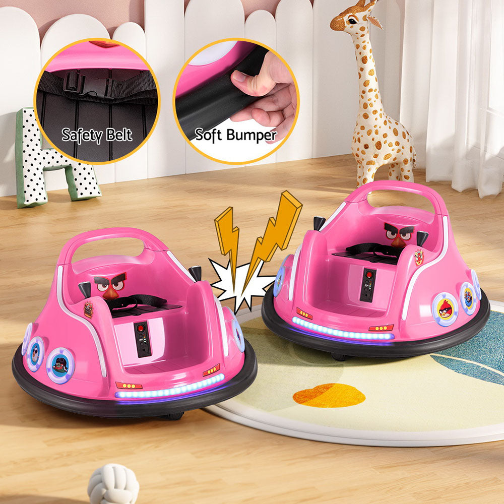 Pink remote control bumper car for kids, perfect for indoor fun at home.