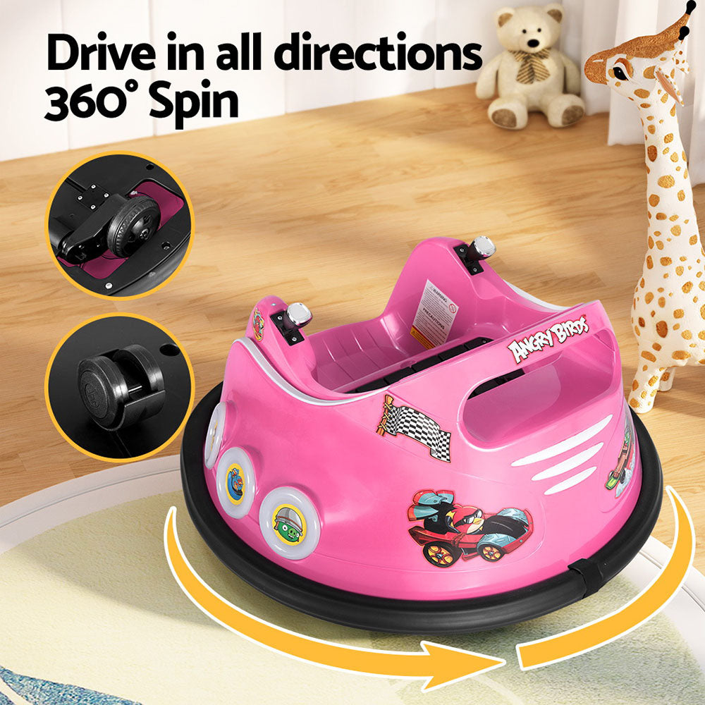 Electric pink ride-on bumper car for kids with remote control, perfect for home entertainment.