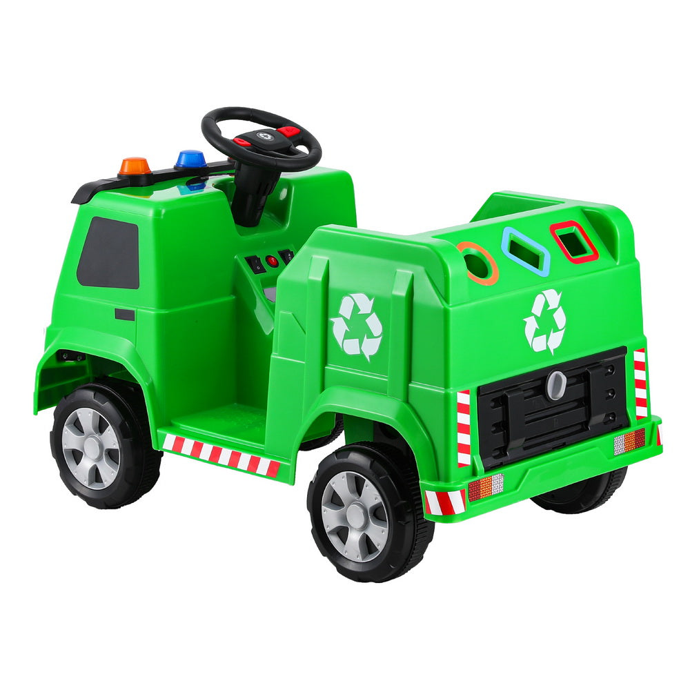 Kids electric ride-on garbage truck with remote control for interactive home play.