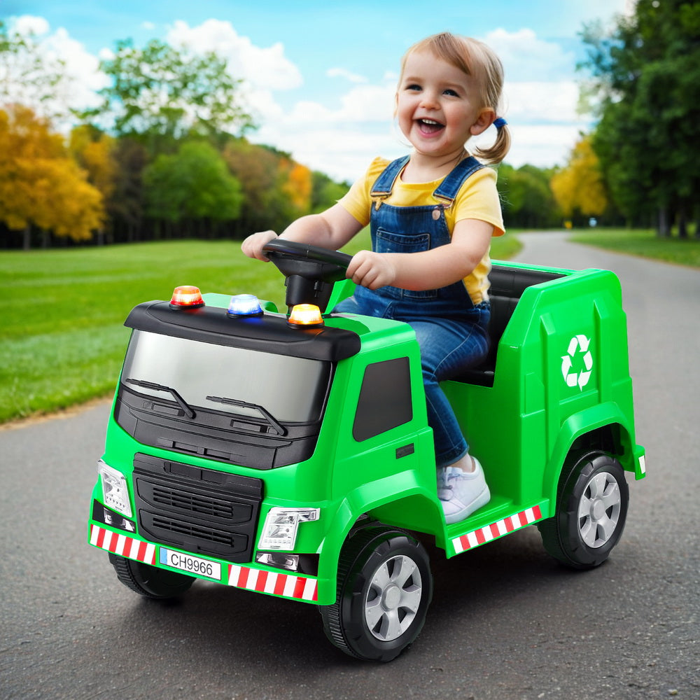 Kids electric ride-on garbage truck with remote control for interactive home fun.