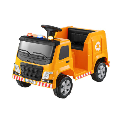 Kids 12V electric ride-on garbage truck with police lights for imaginative play at home.