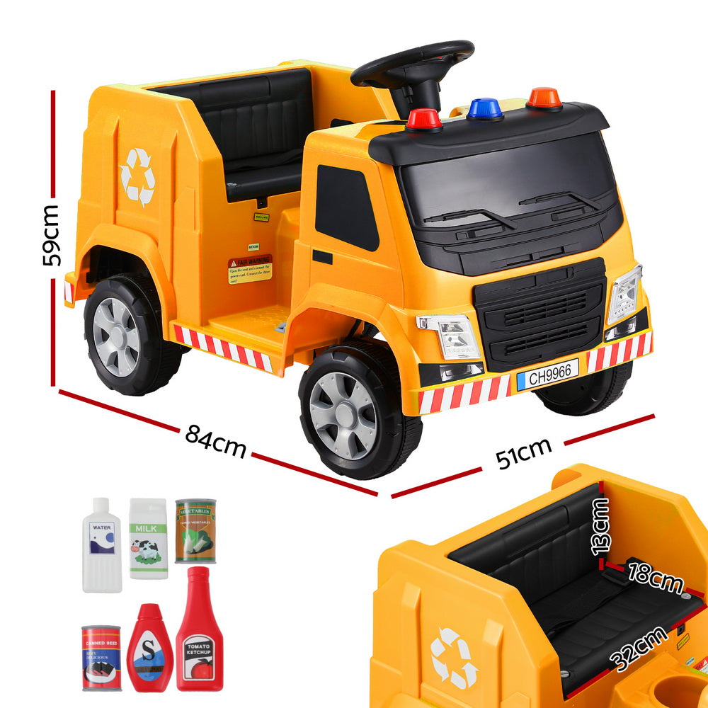 Rigo 12V electric ride-on garbage truck for kids with police lights, perfect for imaginative play.